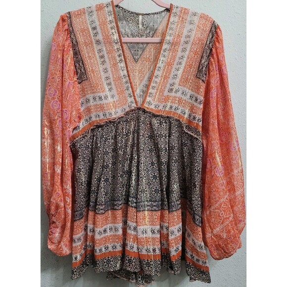 Free People Aliyah Boho Patchwork Tunic Top Sz XS Festival Orange Metallic NWOT - Picture 2 of 12